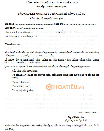 Mẫu báo cáo kết quả tập sự hành nghề công chứng