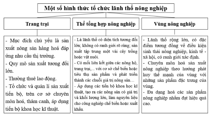 Hãy lập sơ đồ để hệ thống hoá đặc điểm của các hình thức tổ chức lãnh thổ nông nghiệp