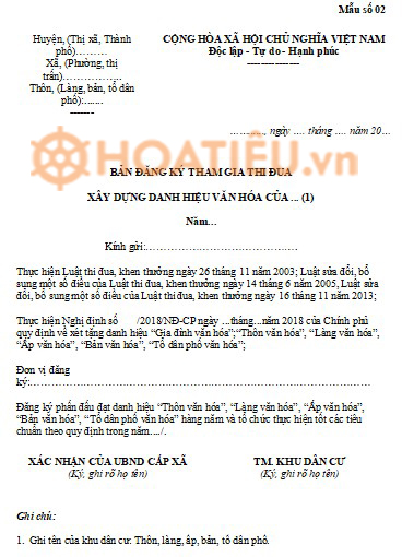 Mẫu đăng ký thi đua khu dân cư văn hóa