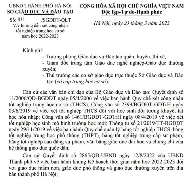 Hướng dẫn 831 về xét công nhận tốt nghiệp THCS 2023 Hà Nội