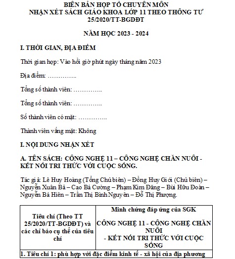 Biên bản chọn sách giáo khoa lớp 11 (Trọn bộ) sách Kết nối tri thức