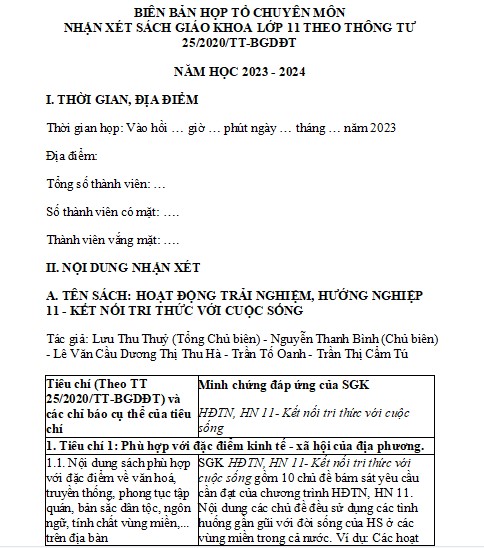 Biên bản chọn sách giáo khoa lớp 11 (Trọn bộ) sách Kết nối tri thức