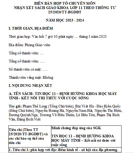 Biên bản chọn sách giáo khoa lớp 11 (Trọn bộ) sách Kết nối tri thức