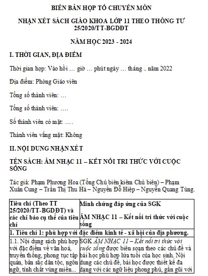 Biên bản chọn sách giáo khoa lớp 11 (Trọn bộ) sách Kết nối tri thức