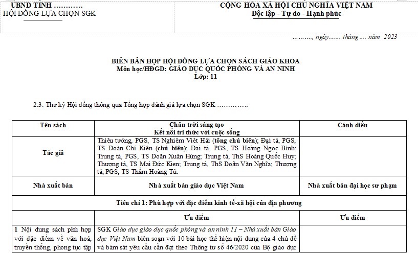 Biên bản chọn sách giáo khoa Kết nối tri thức lớp 11 Tất cả các môn