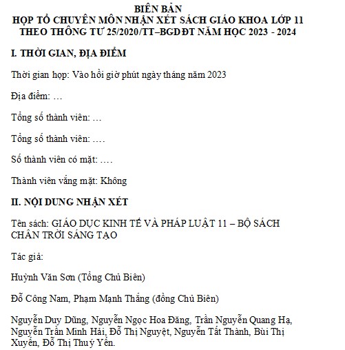 Biên bản chọn sách giáo khoa lớp 11 Chân trời sáng tạo