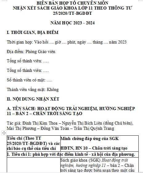 Biên bản chọn sách giáo khoa lớp 11 (trọn bộ) Chân trời sáng tạo