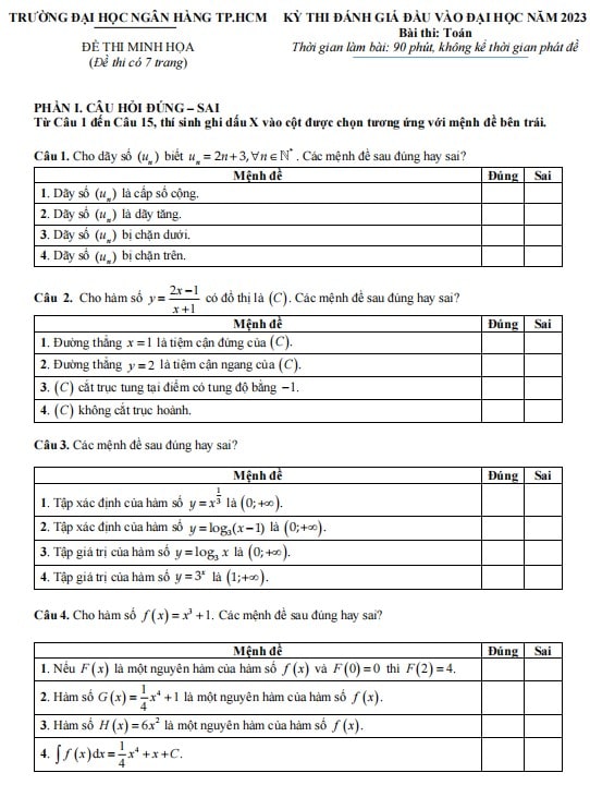 Đề minh họa thi ĐGNL Đại học ngân hàng TP HCM 2023 môn Toán
