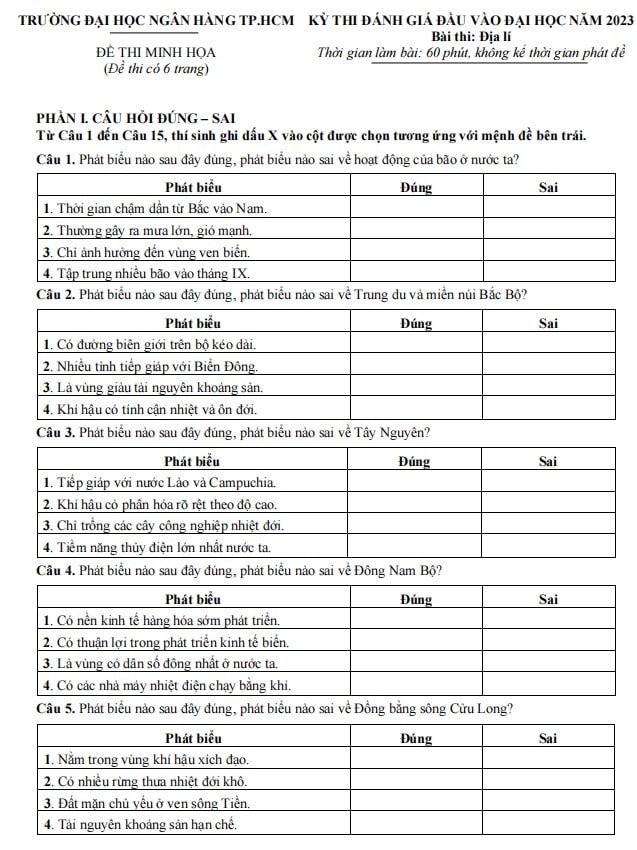 Đề minh họa thi ĐGNL Đại học ngân hàng TP HCM 2023 môn Địa