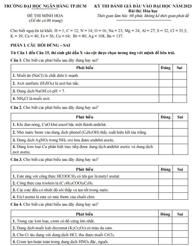 Đề minh họa thi ĐGNL Đại học ngân hàng TP HCM 2023 môn Hóa