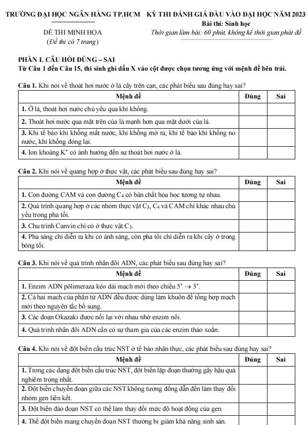 Đề minh họa thi ĐGNL Đại học ngân hàng TP HCM 2023 môn Sinh