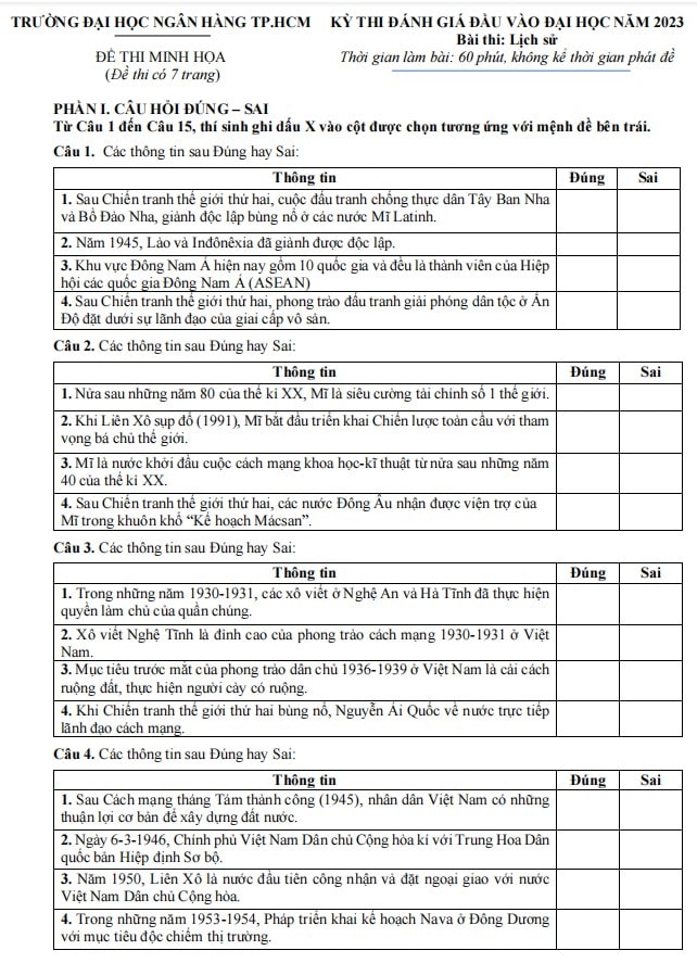 Đề minh họa thi ĐGNL Đại học ngân hàng TP HCM 2023 môn Sử