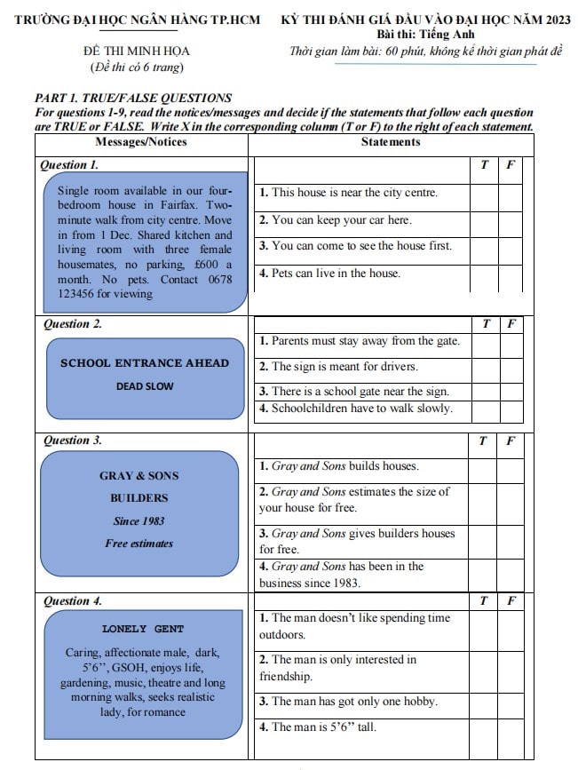 Đề minh họa thi ĐGNL Đại học ngân hàng TP HCM 2023 môn tiếng Anh