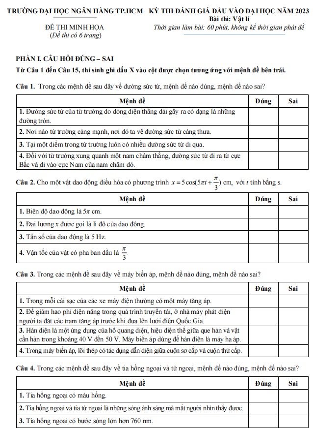 Đề minh họa thi ĐGNL Đại học ngân hàng TP HCM 2023 môn Lý