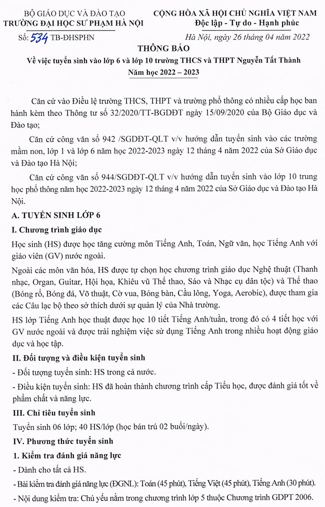 THCS Nguyễn Tất Thành Hà Nội tuyển sinh 2022