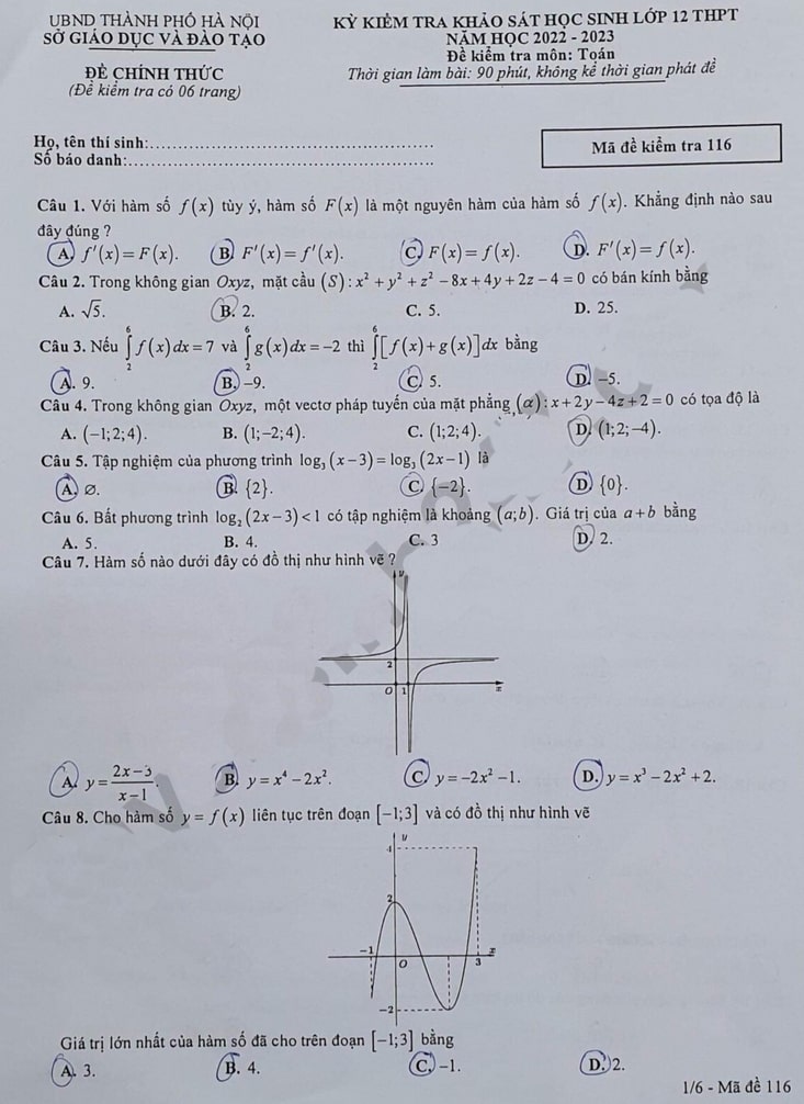 Đề thi khảo sát lớp 12 môn Toán Hà Nội 2023