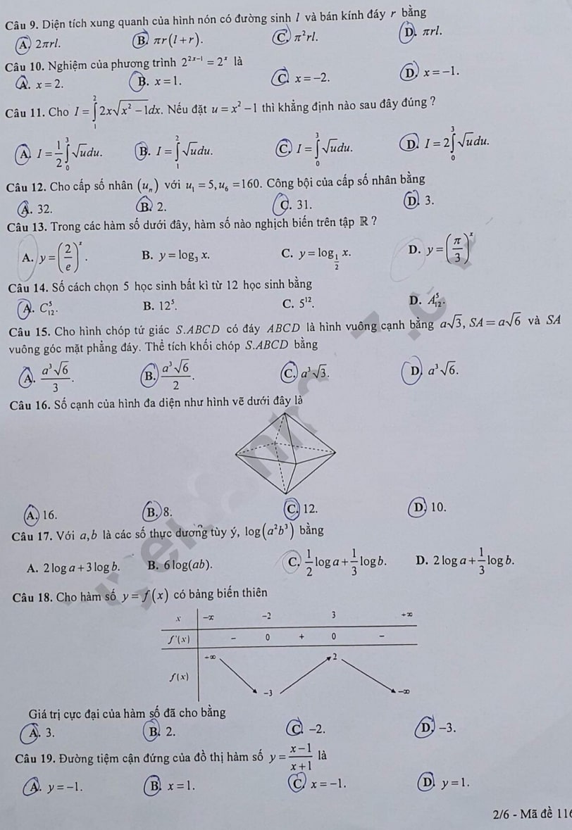 Đề thi khảo sát lớp 12 môn Toán Hà Nội 2023