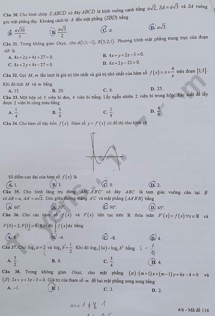 Đề thi khảo sát lớp 12 môn Toán Hà Nội 2023