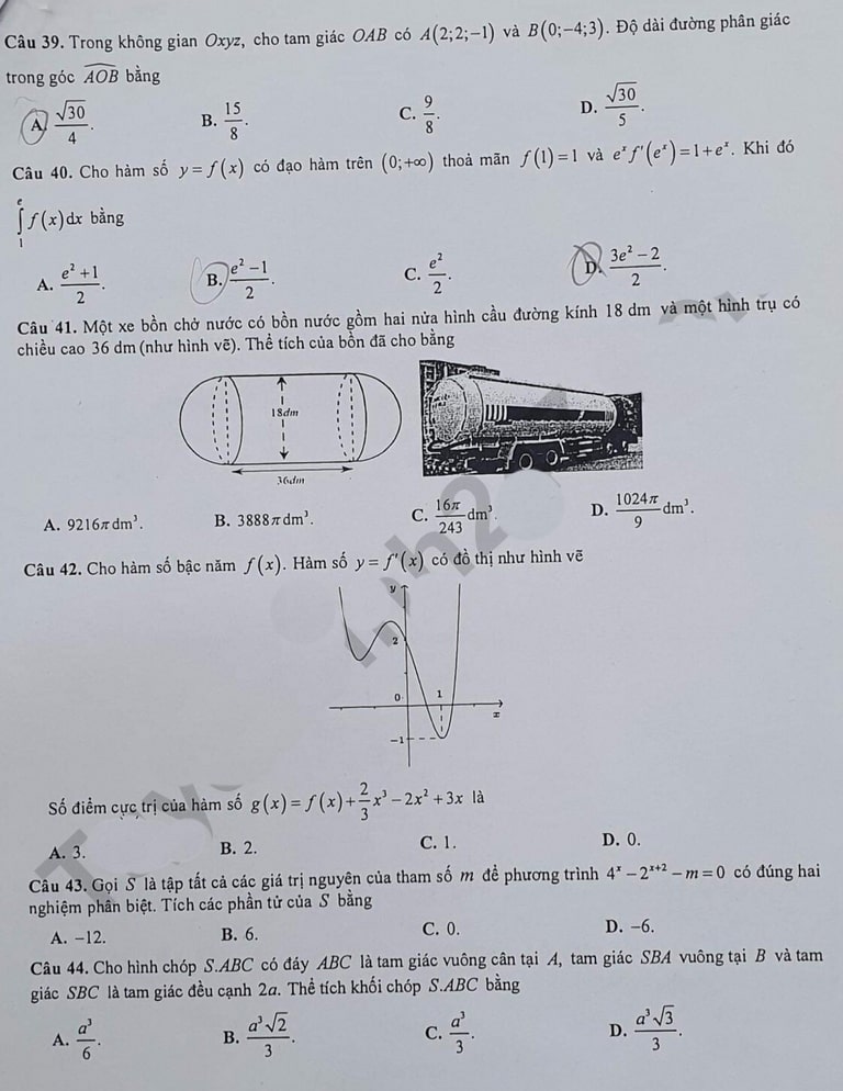 Đề thi khảo sát lớp 12 môn Toán Hà Nội 2023