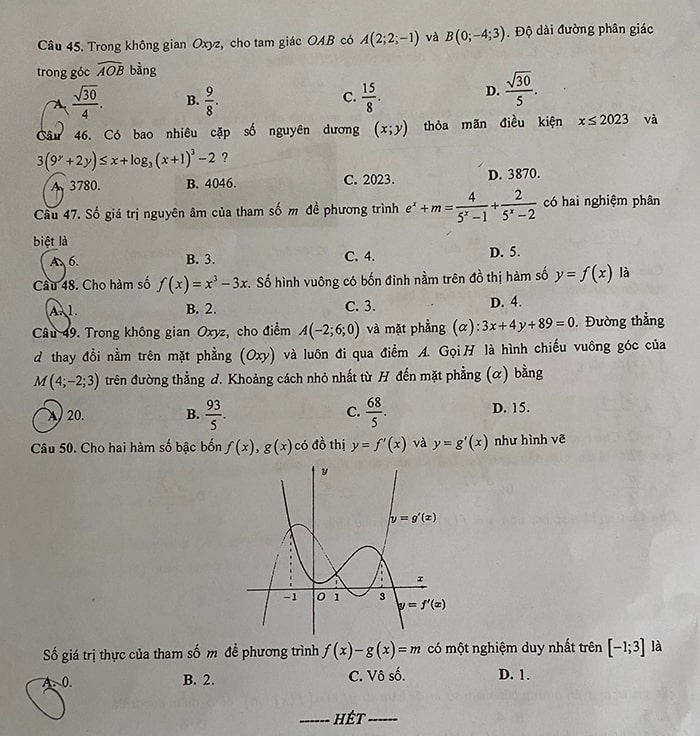 Đề thi khảo sát lớp 12 môn Toán Hà Nội 2023
