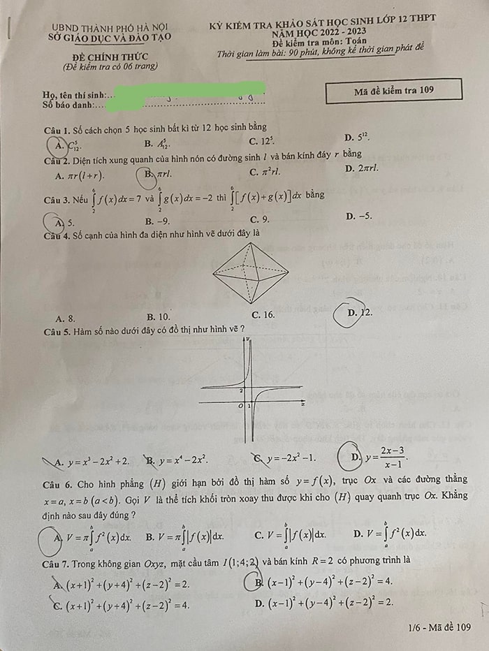 Đề thi khảo sát lớp 12 môn Toán Hà Nội 2023