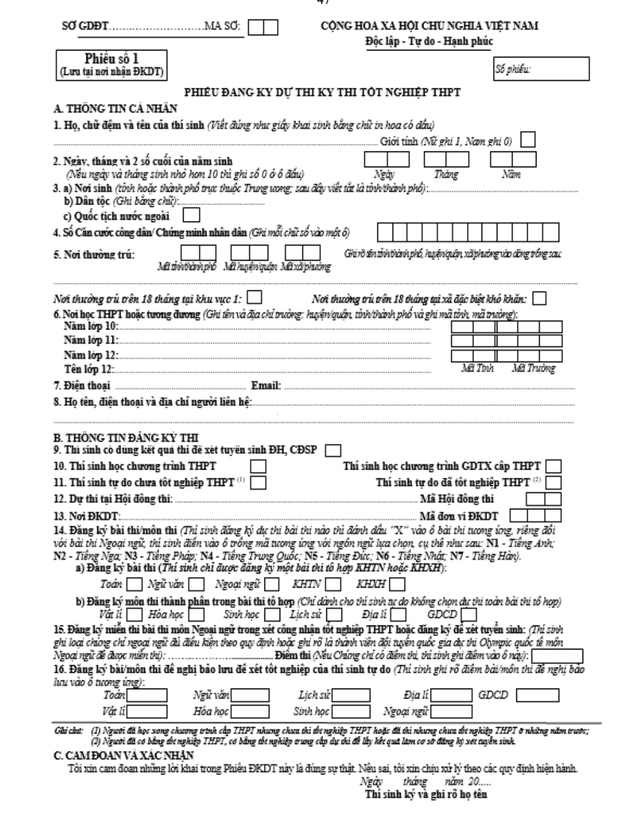 Hướng dẫn cách viết phiếu dự thi tốt nghiệp THPT 2023
