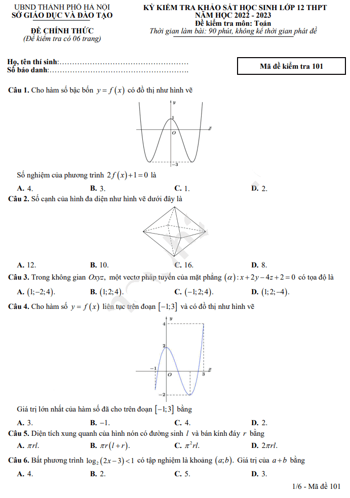 Đề thi khảo sát lớp 12 môn Toán Hà Nội 2023 - mã đề 101