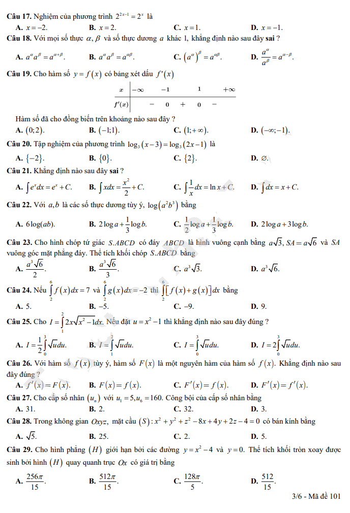 Đề thi khảo sát lớp 12 môn Toán Hà Nội 2023 - mã đề 101