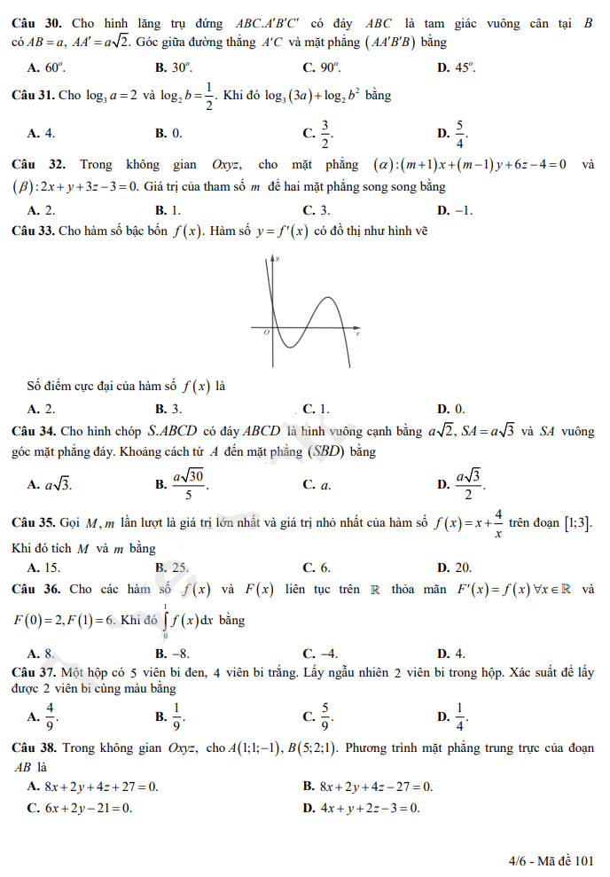 Đề thi khảo sát lớp 12 môn Toán Hà Nội 2023 - mã đề 101