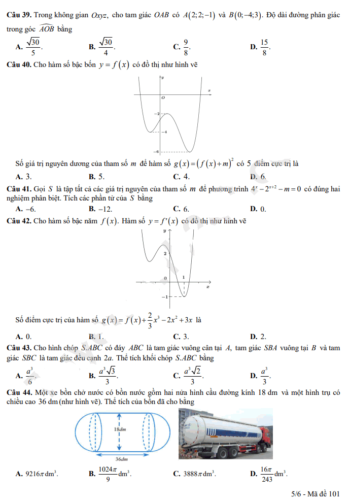 Đề thi khảo sát lớp 12 môn Toán Hà Nội 2023 - mã đề 101