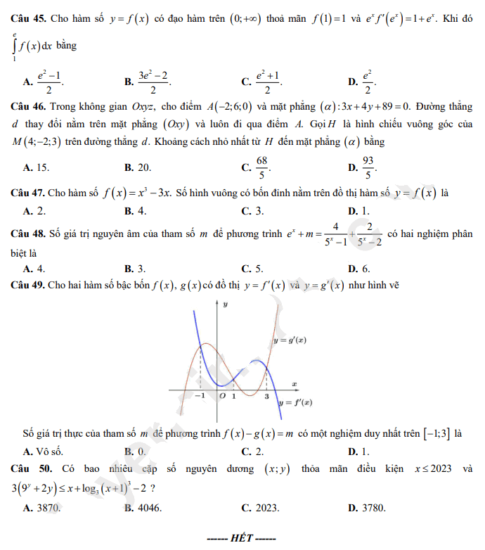 Đề thi khảo sát lớp 12 môn Toán Hà Nội 2023 - mã đề 101