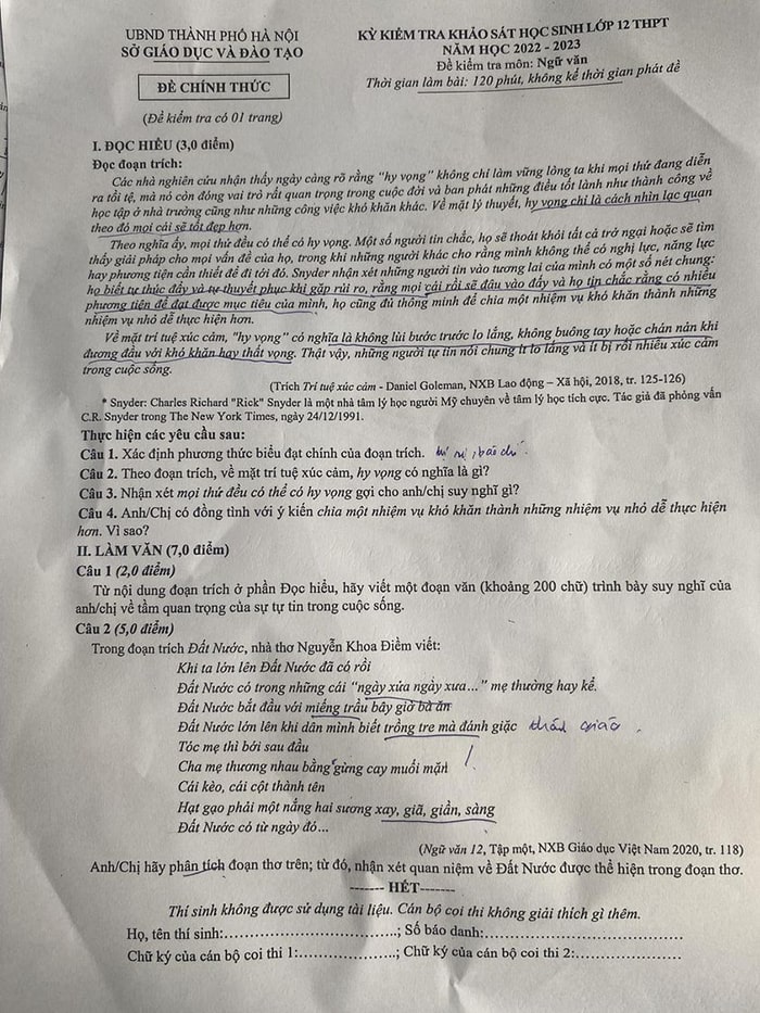 Đề thi khảo sát Văn 2023 Hà Nội