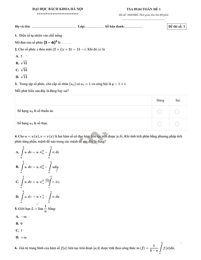 Đề thi thử đánh giá tư duy Bách khoa 2023 - Phần tư duy Toán học