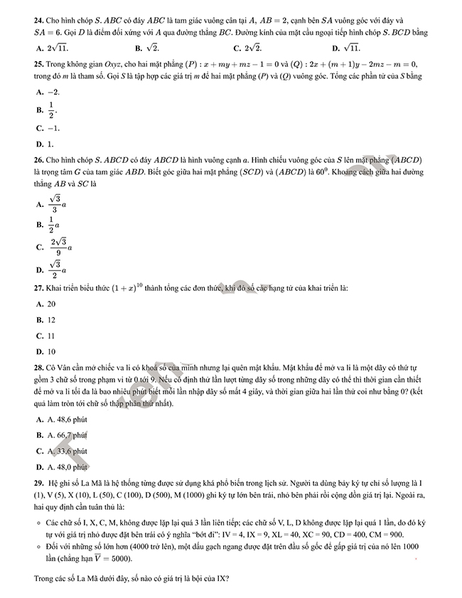 Đề thi thử đánh giá tư duy Bách khoa 2023 - Phần tư duy Toán học