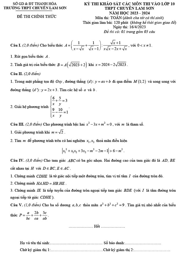 Đề thi thử vào lớp 10 môn Toán chuyên Lam Sơn 2023