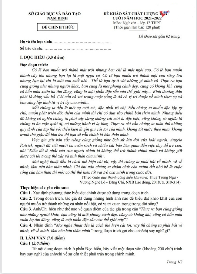 Đề thi thử môn Văn tốt nghiệp THPT 2022 tỉnh Nam Định