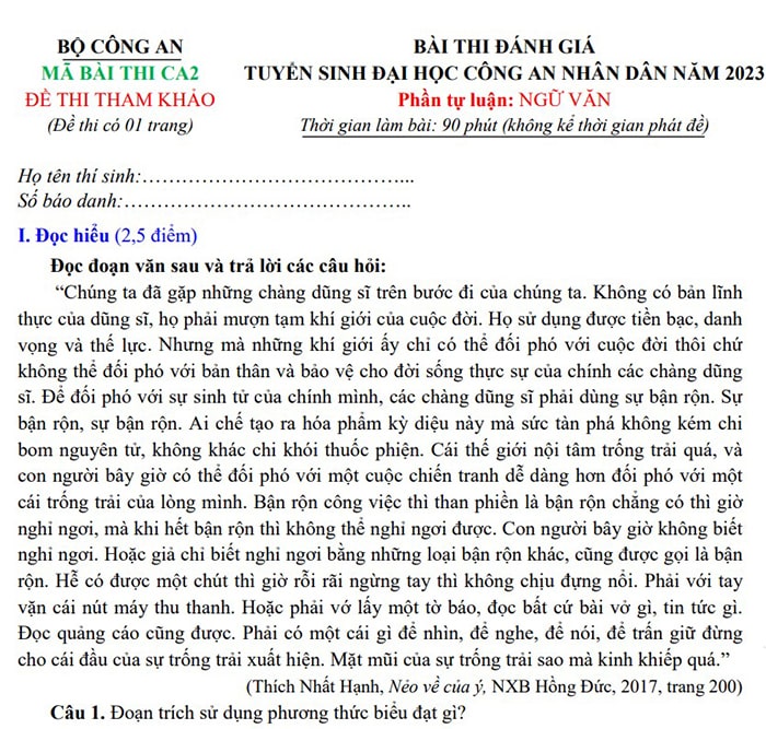 Mẫu đề tham khảo kỳ thi đánh giá năng lực của Bộ Công an 2023