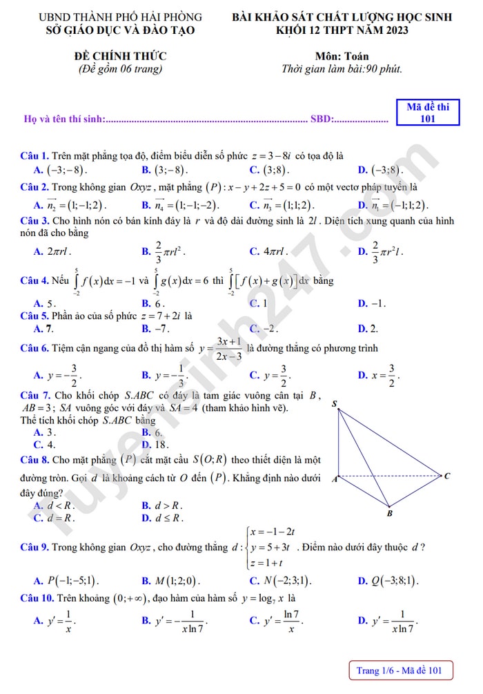 Đề thi thử Toán THPT 2023 sở Hải Phòng