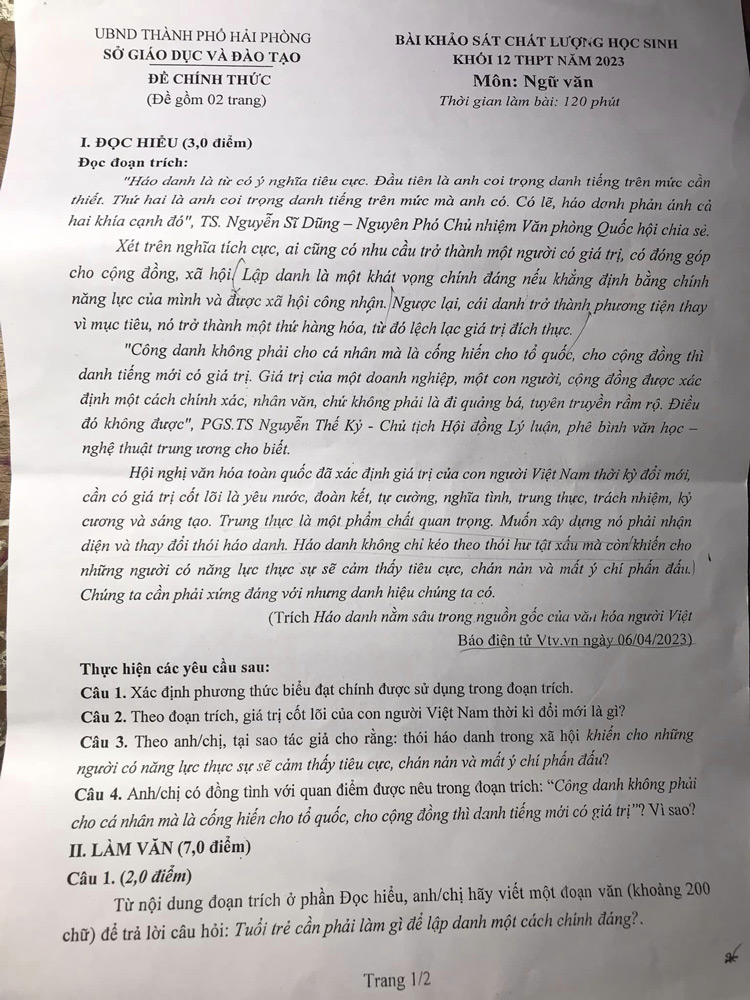 Đề thi thử tốt nghiệp THPT 2023 môn Văn Hải Phòng