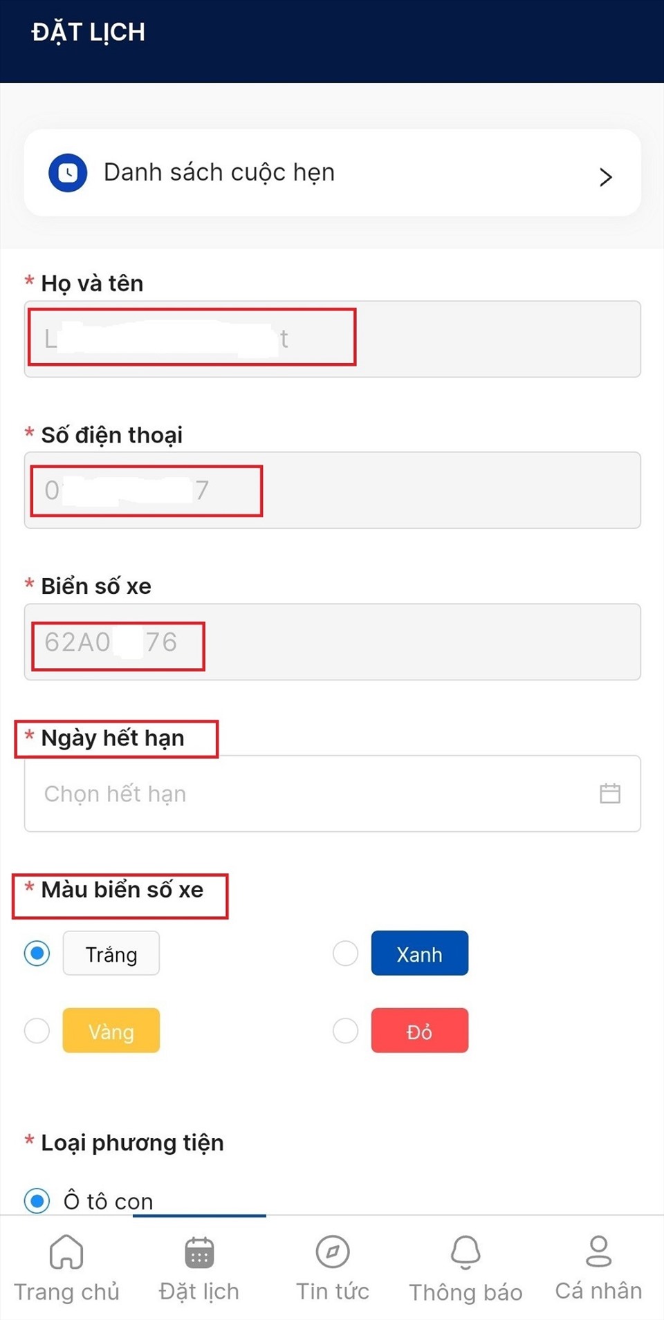 Đặt lịch đăng kiểm online