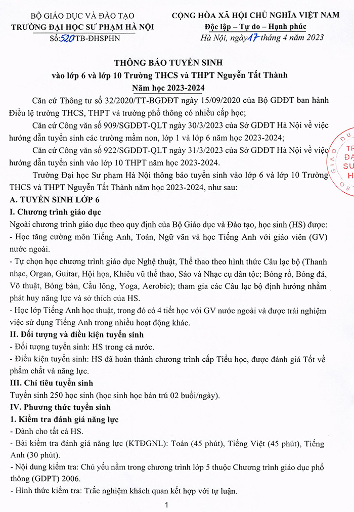 Tuyển sinh lớp 6 Nguyễn Tất Thành Hà Nội 2023-2024
