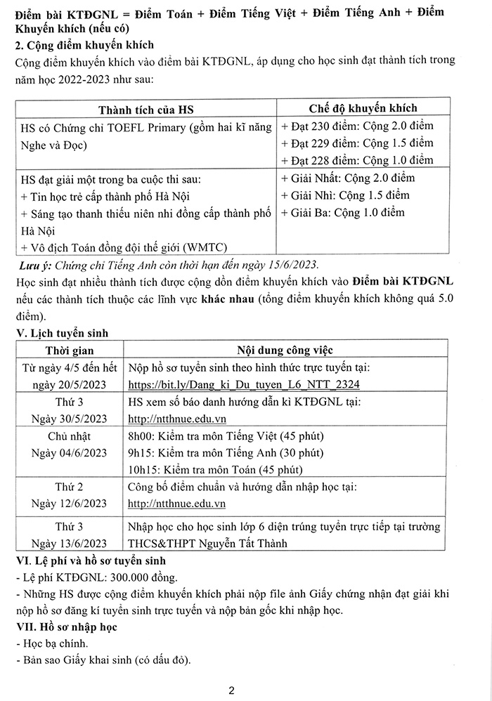 Tuyển sinh lớp 6 Nguyễn Tất Thành Hà Nội 2023-2024