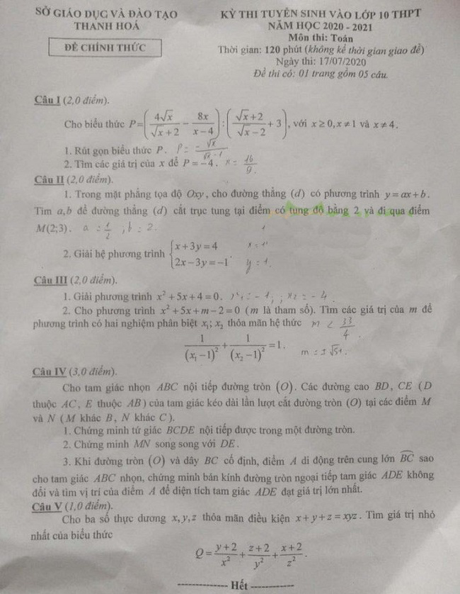 Đề thi vào lớp 10 môn Toán Thanh Hóa 2020
