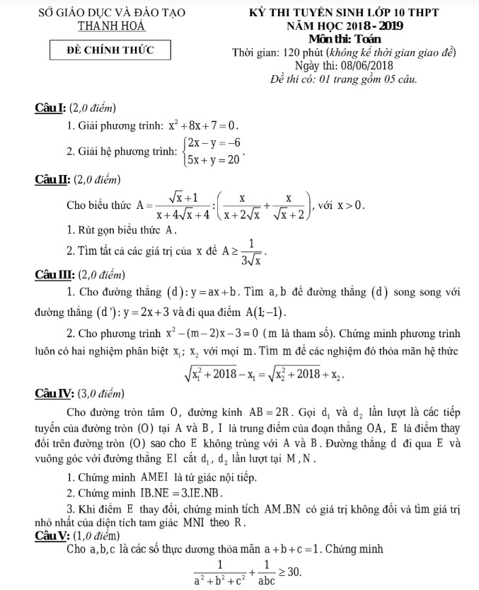 Đề thi vào lớp 10 môn Toán Thanh Hóa 2018