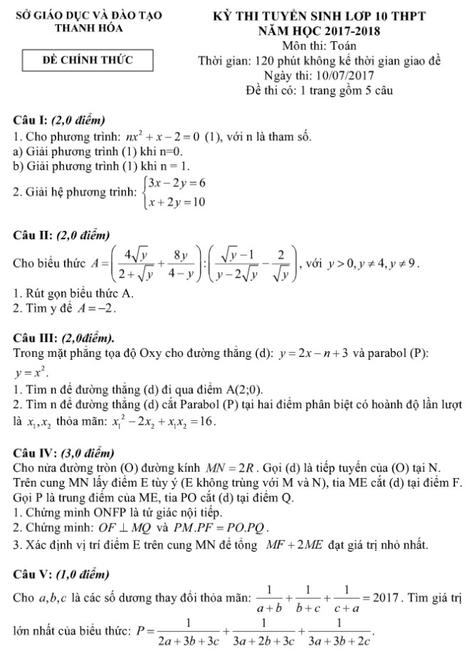 Đề thi vào lớp 10 môn Toán Thanh Hóa 2017