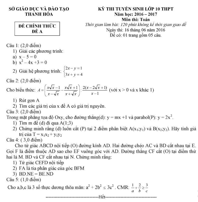 Đề thi vào lớp 10 môn Toán Thanh Hóa 2016