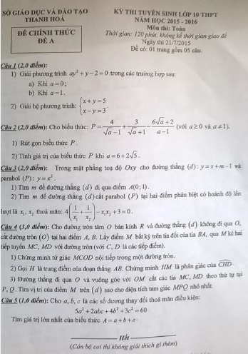 Đề thi vào lớp 10 môn Toán Thanh Hóa 2015