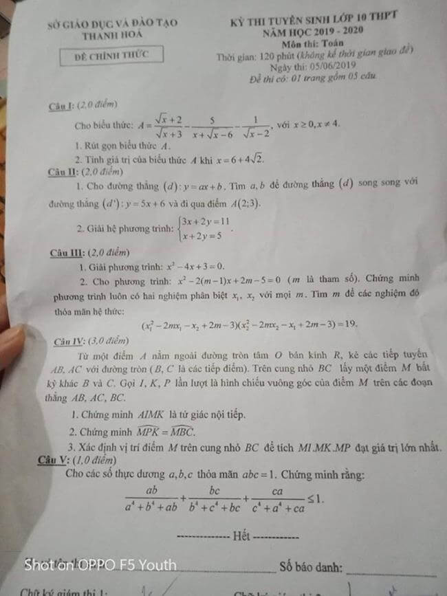 Đề thi vào lớp 10 môn Toán Thanh Hóa 2019