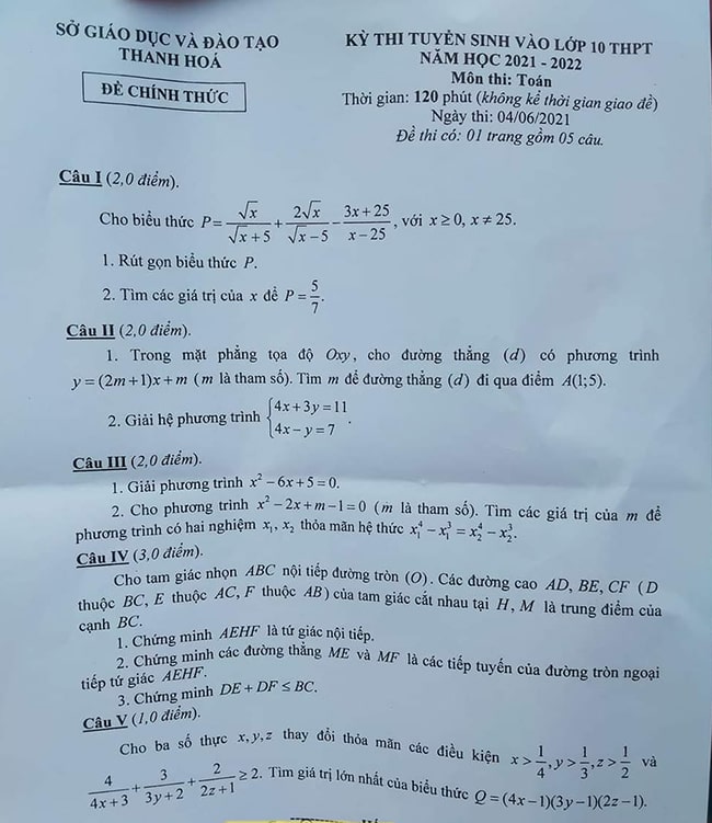 Đề thi vào lớp 10 môn Toán Thanh Hóa 2021