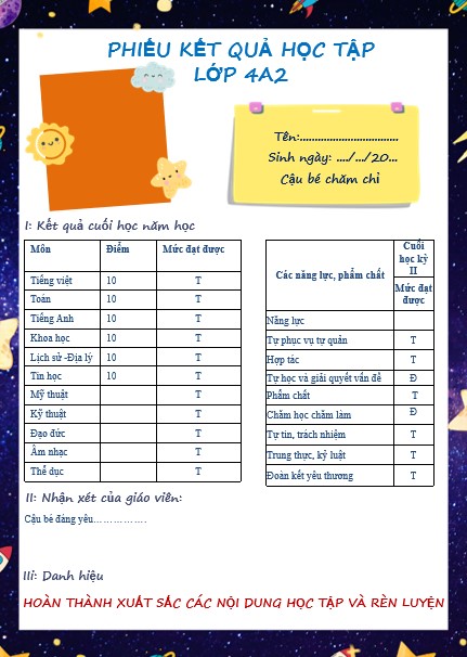Mẫu phiếu báo kết quả học tập học sinh về gia đình phụ huynh